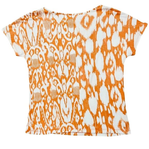 Chicos Orange Ikat Abstract Print Knit Top Size XS w/ Details on Short Sleeves - Picture 8 of 8